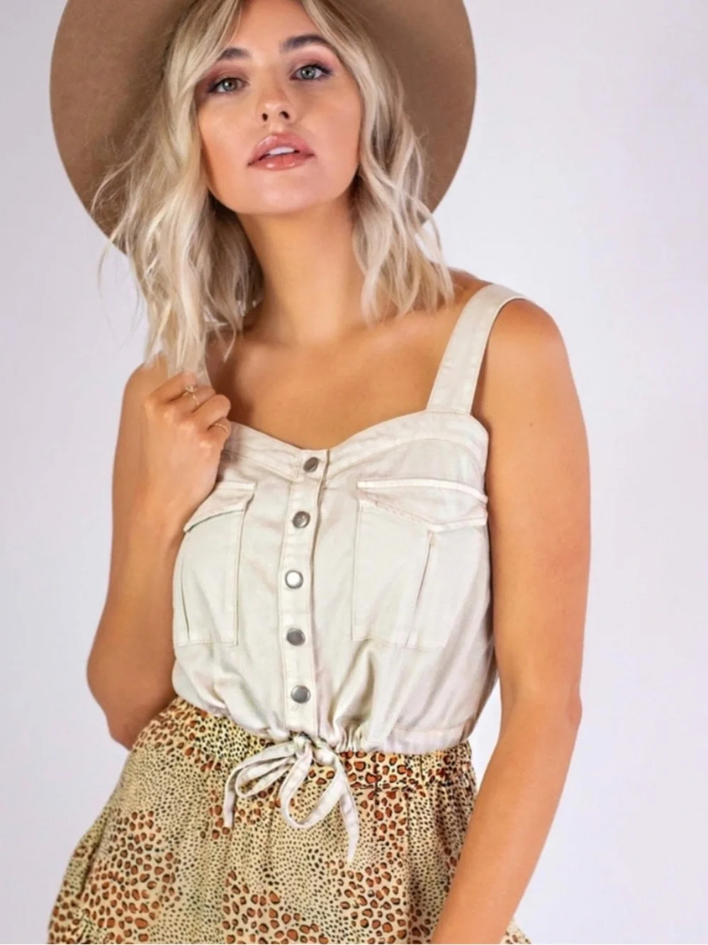 Free People We The Free Palm Desert Denim Crop Top Neutral Khaki XS